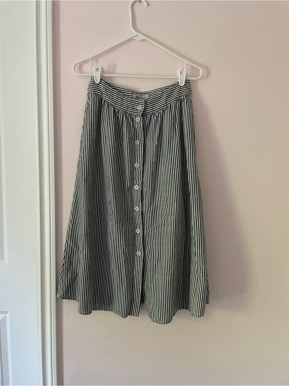 Madewell Denim and White Striped Midi Button-Front Skirt